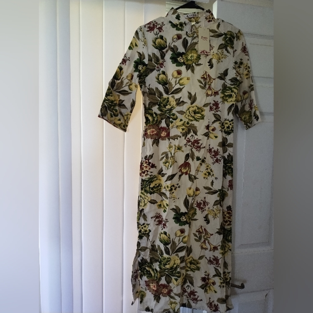 Womens Floral Qipao Dress Cotton Linen Cheongsam Maxi Long Dress Size Large